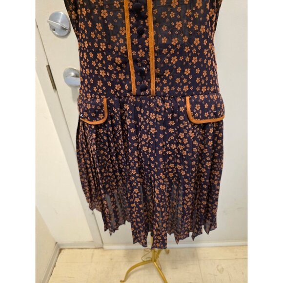 Vintage Sleeveless Women's Dress Brown Floral Pleated Skirt Size S - Picture 3 of 16